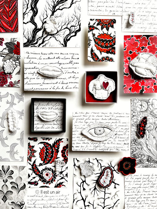 illustrations brodées noir, blanc, rouge