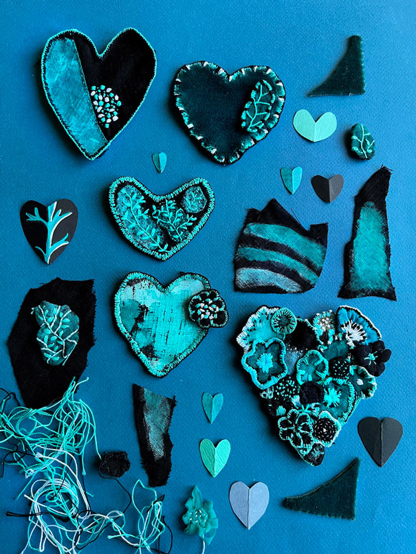 Cœurs brodés turquoise